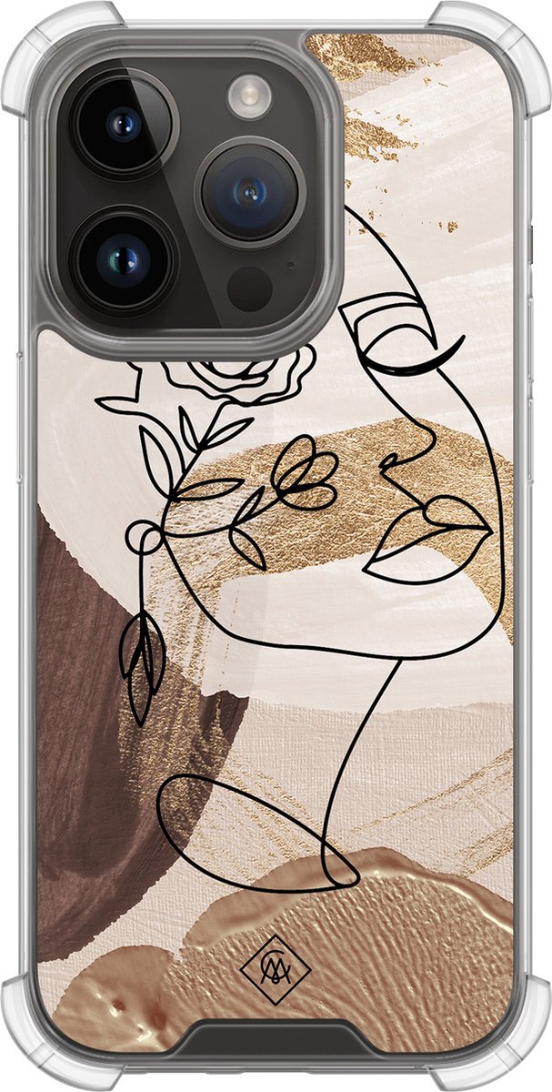 Casimoda® hoesje - Geschikt voor iPhone 13 Pro - Abstract Gezicht Bruin - Shockproof case - Extra sterk - TPU/polycarbonaat - Bruin/beige, Transparant