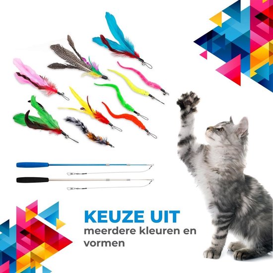 2 Kattenhengels met 10 Speeltjes – Bewegende Kattenspeeltjes met Veren en Belletjes – Interactieve Kattenspeelgoed Voor Kittens – Cat Toys