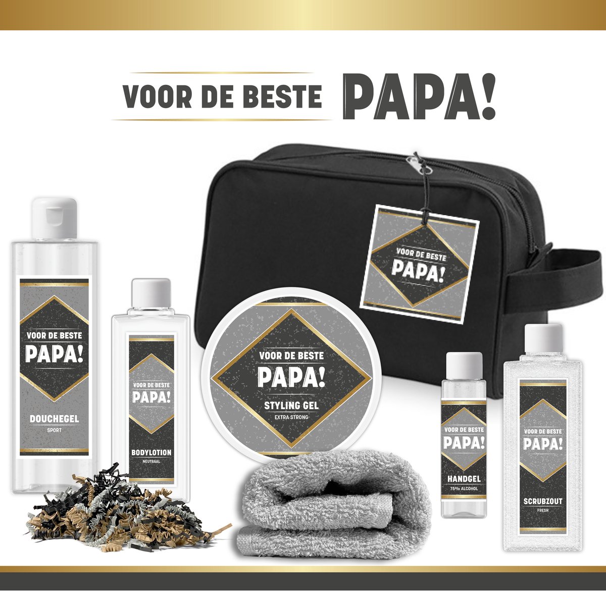 Goedkoopste Geschenkset ''Voor De Beste Papa - 7 Producten | Giftset Voor Hem - 800 Gram - Luxe Wellness Toilettas voor hem - Vaderdag - Cadeau Man Verjaardag - Allerbeste Vader - Cadeaupakket Bodylotion - Douchegel - Styling Gel - Scrubzout - Zwart Goud Grijs