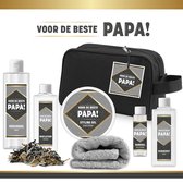 Geschenkset ''Voor De Beste Papa" - 7 Producten | Giftset Voor Hem - 800 Gram - Toilettas - Vaderdag - Vader - Cadeau Man - Verjaardag - Bodylotion - Douchegel - Styling Gel - Scrubzout - Zwart - Goud - Grijs
