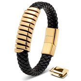Zwart gevlochten leren armband met gouden segmenten en magnetische sluiting.