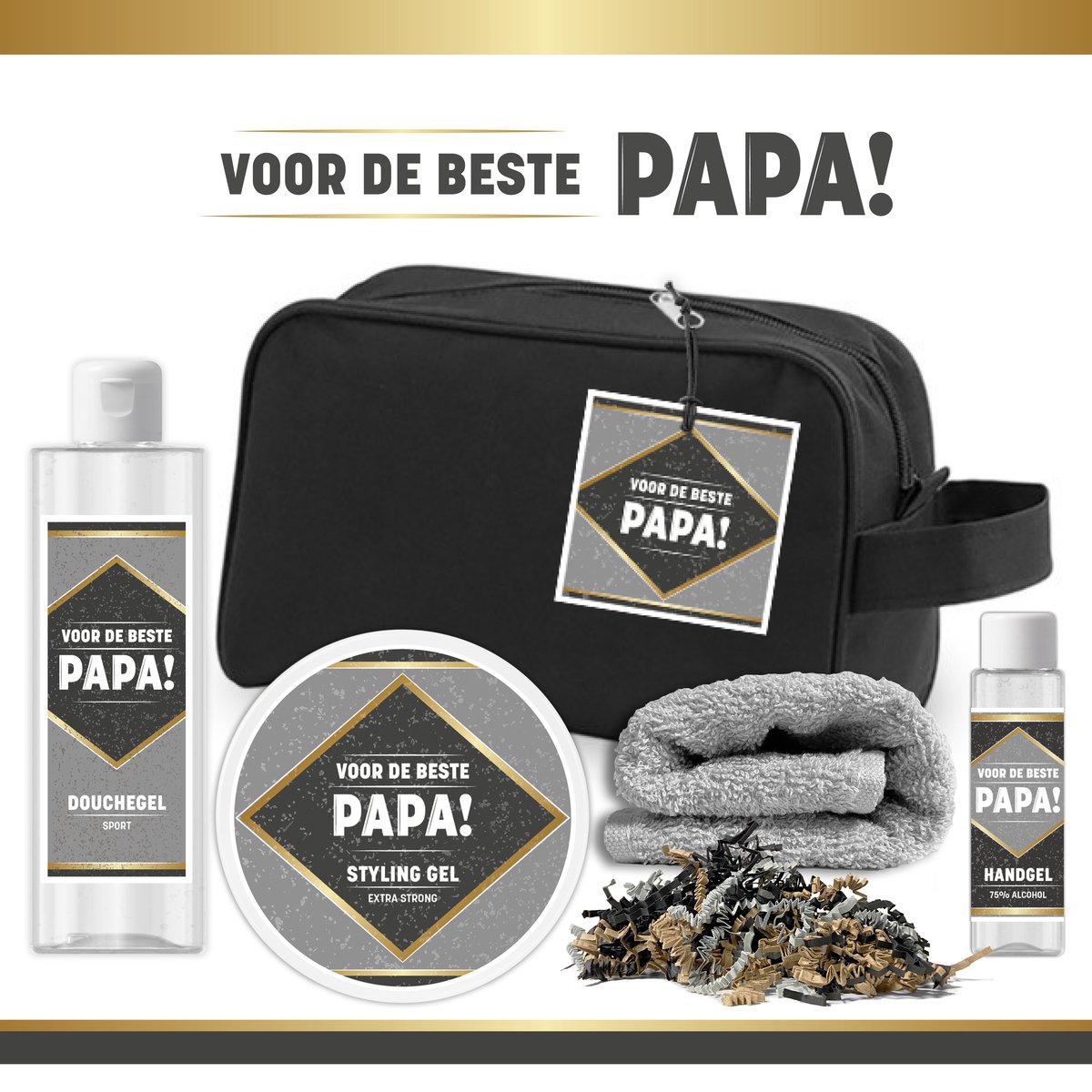 Goedkoopste Geschenkset ''Voor De Beste Papa - 5 Producten | Giftset Voor Hem - 600 Gram - Toilettas zwart - Speciaal voor Vader - Vaderdag - Topper - Cadeau Set Man - Verjaardag - Kerst - Kerstpakket - Bodylotion - Douchegel - handgel - Zwart - Goud - Grijs