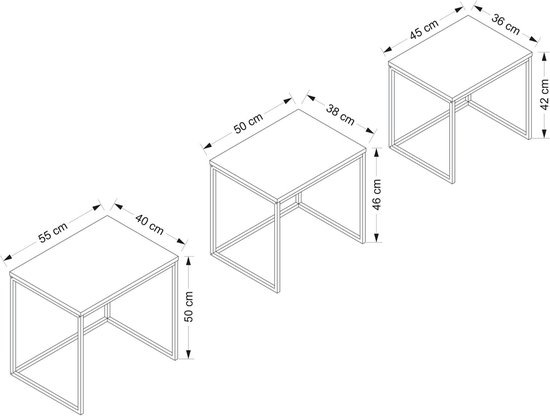 Set de tables gigognes Woody Fashion , 3 pièces | Enduit de mélamine | Cadre métallique | Blanc