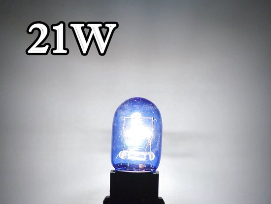 Een brandende blauwe T20 lamp met opschrift '21W'.