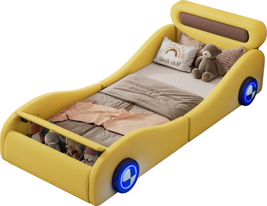 Merax Auto Bed voor Kinderen - Autobed ​​met Opbergruimte - Racebed - Geel met Bruin