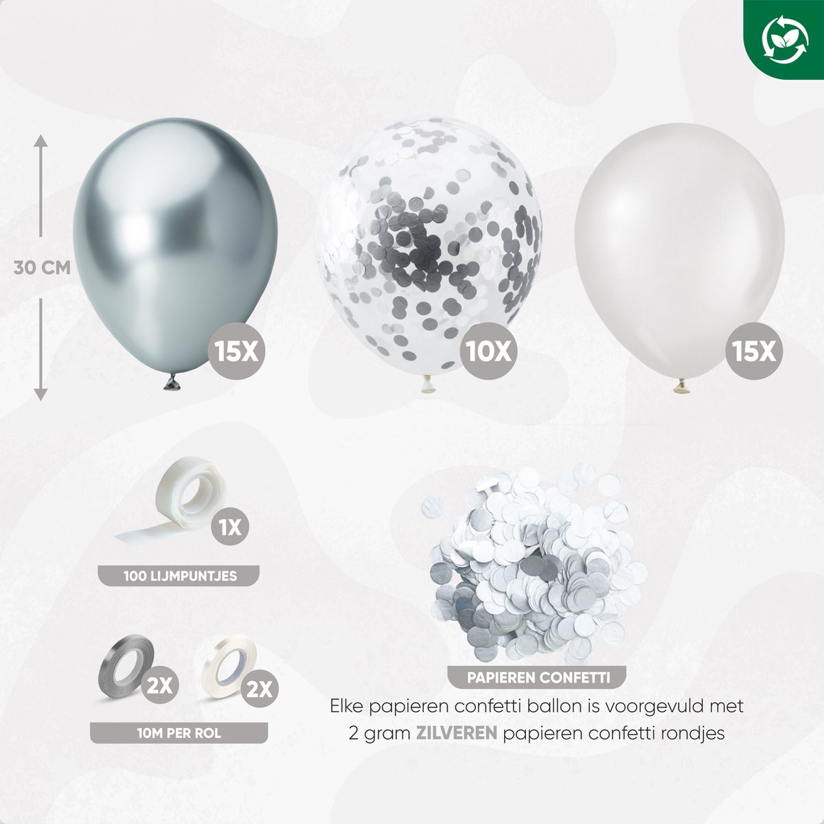 Fissaly 40 stuks Zilver, Wit & Zilveren Papieren Confetti Helium Latex Ballonnen met Accessoires – Metallic Chrome - Decoratie — afbeelding 2