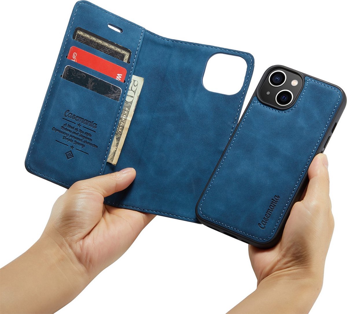 iPhone 15 Plus Bookcase hoesje - CaseMe - Effen Donkerblauw - Kunstleer