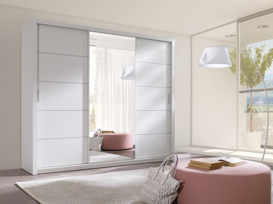 Armoire coulissante Bono 250, armoire avec miroir, étagères, cintres, tiroirs, spacieuse, pour la chambre, blanche