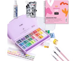 foto van HIMI – Gouache STARTERSET – set van 36 kleuren 12g – Twin split cups – Lila + 3 penselen + meeldauwspray + Gouachepad + Refill bag 100ml