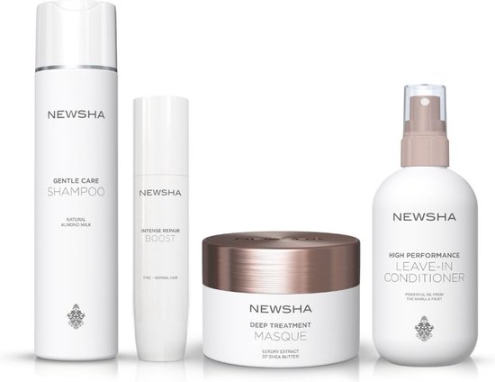 Foto: Newsha beauty secret tegen beschadigd haar set gentle care shampoo 250ml intense repair boost 75ml deep treatment masque 150ml high performance leave in conditioner 250ml