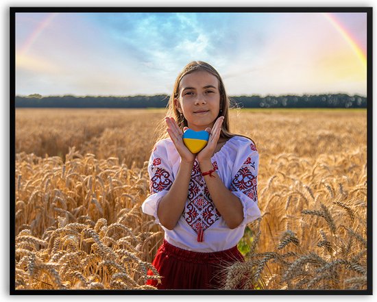 Oekraine graanveld blauwe lucht vlag hartje fotolijst met glas 40 x 50 cm - Prachtige kwaliteit - Oekraine - graanveld - hartje - Harde lijst - Glazen plaat - inclusief ophangsysteem - Poster - Foto op hoge kwaliteit uitgeprint