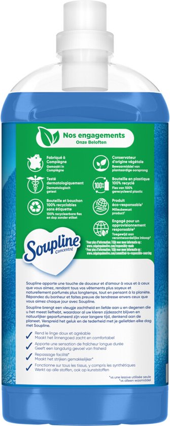 Arrière d'une bouteille bleue Soupline avec une liste d'engagements écologiques et d'avantages produit.