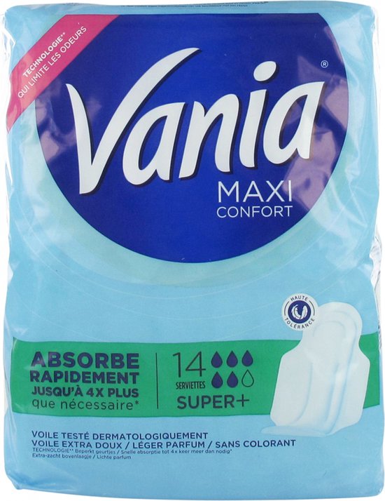 Vania | Maxi Confort Super Plus Binden (Box mit 14 Stück) - Binden mit anatomischer Form und saugfähigem Kern - Hygieneschutz mit extra weichem Schleier