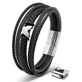 Zwarte, gevlochten leren armband met meerdere lagen en een zilverkleurige 'flake' sluiting en magneet.