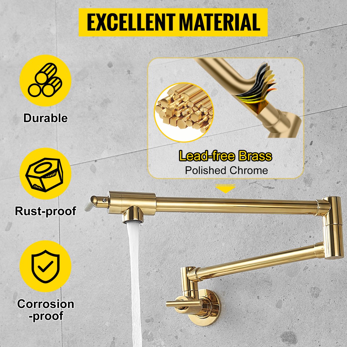 Messing Dubbel Handvat Wandmontage Gouden Keuken Pot Vuller Opvouwbare Kraan Gezamenlijke Swingarm Gootsteen Kraan Ja