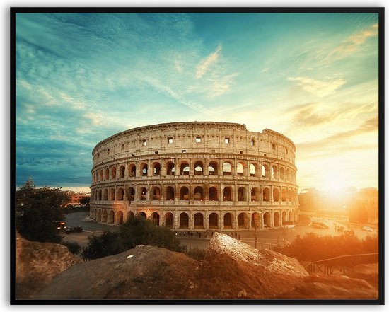 Colloseum Rome zonsondergang fotolijst met glas 40 x 50 cm - Prachtige kwaliteit - italië - Rome - zonsondergang - Harde lijst - Glazen plaat - inclusief ophangsysteem - Grappige Poster - Foto op hoge kwaliteit uitgeprint