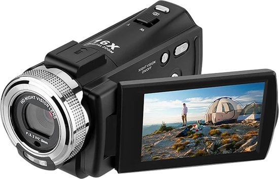 Handycam Camcorder - 12V Videocamera Full HD - CMOS Beeldsensor - Nachtzicht - 16x Digitale Zoom - Gezichtsfocus - Vlog camera - Met Afstandsbediening - Zwart