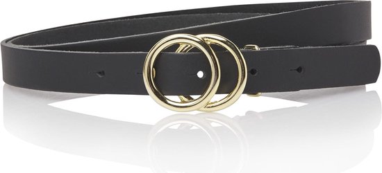 Take-it Zwarte Dames Riem met Dubbele Ringen Gesp - Smalle Riem - Gouden Ringen - 2 cm breed - Echt Leer - Zwart - Lengte totaal 105 cm / Riemmaat 95