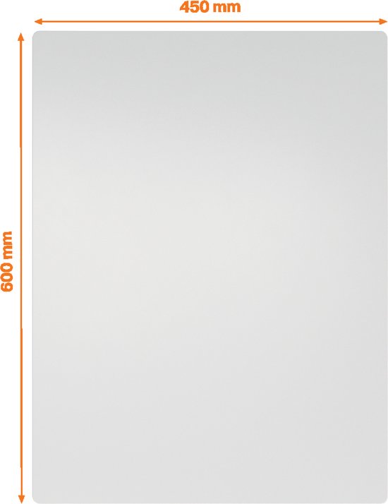 Afmetingen van een wit, frameloos whiteboard: 450 mm breed en 600 mm hoog.