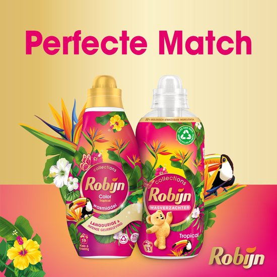 Robijn wasmiddel en wasverzachter 'Perfecte Match' met tropische print. Flessen met bloemen, papegaai en teddybeer. Set van 5.