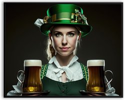 Dame met bier Irish Pub fotolijst met glas 30 x 40 cm - Sint Patricksday - Harde lijst - Glazen plaat - inclusief ophangsysteem - Grappige Poster - Foto op hoge kwaliteit uitgeprint