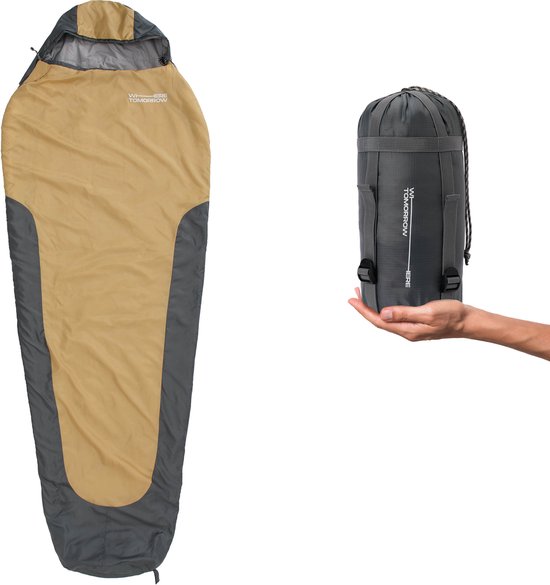 Where Tomorrow Camping Slaapzak Klein & Licht - Mummieslaapzak met zak - 220 x 80 x 50 cm - Curry grijs