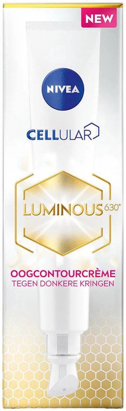 Doosje NIVEA CELLULAR LUMINOUS oogcontourcrème met "New"-label en gouden honingraatmotief.