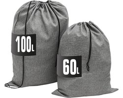 Linnen look: 100 l waszak groot XXL + 60 l wasverzamelaar reis - waszak voor vuile was, wasmand, organizer, waszak met trekkoord, waszak, koffer, waszak voor rugzak