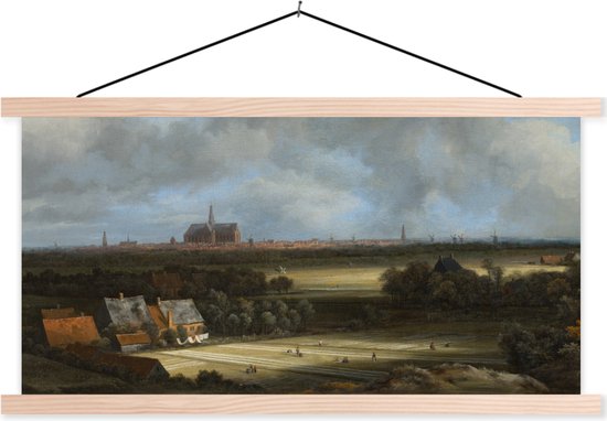 Posterhanger incl. Poster - Schoolplaat - Gezicht op Haarlem met bleekvelden - Schilderij van Jacob van Ruisdael - 150x75 cm - Blanke latten
