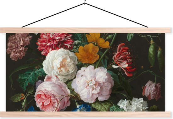 Posterhanger incl. Poster - Schoolplaat - Stilleven met bloemen in een glazen vaas - Schilderij van Jan Davidsz. de Heem - 150x75 cm - Blanke latten