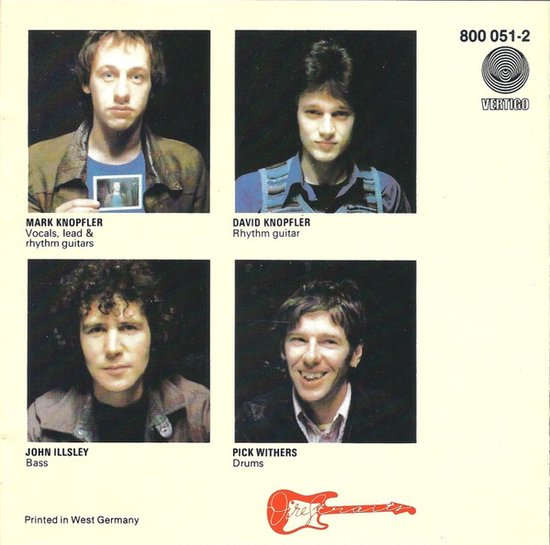 Portretten van de vier bandleden van "Dire Straits": Mark Knopfler, David Knopfler, John Illsley, Pick Withers.