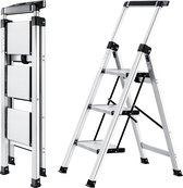 Trapladder met Handrail en Gereedschapskist - Aluminium Opstapje - Antislip - Opvouwbaar - Lichtgewicht - Draagbaar - Draagvermogen tot 150 kg - 3 Treden