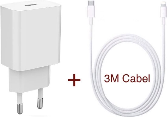 iPhone oplader - 20W USB-C Snelle oplader inclusief 3meter oplaadkabel- geschikt voor iPhone/iPad