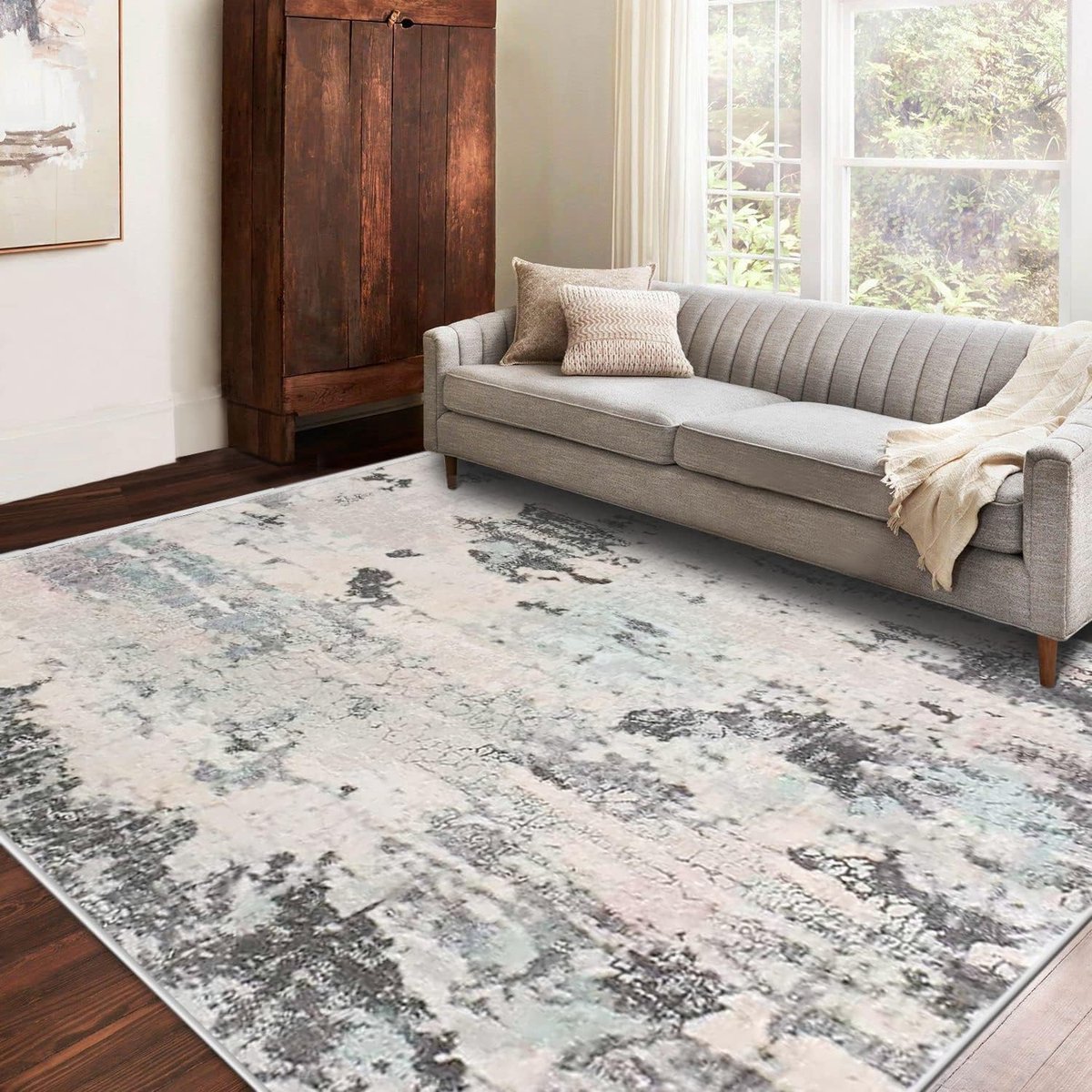 Livabliss Marseille Abstract tapijt - vloerkleden woonkamer 120 x 170 cm, eetkamer, lounge, keuken, slaapkamer, modern marmeren tapijt, zacht luxe, gemakkelijk te onderhouden, grootpolig, wit, groen