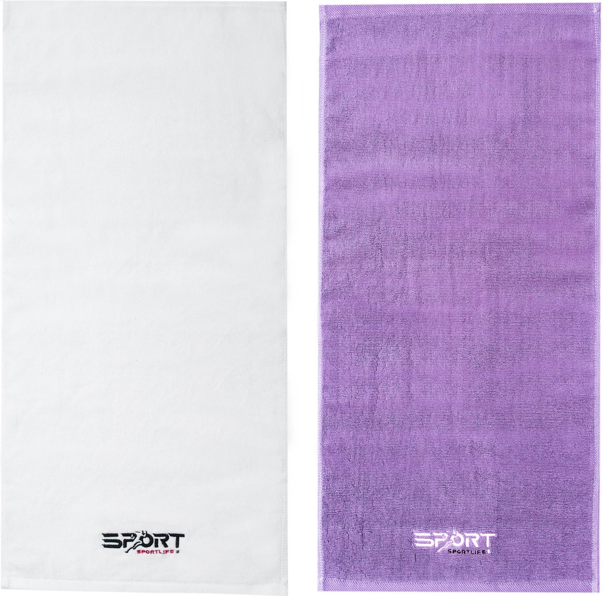 Set: Sporthanddoek Pure White + Mystic Purple - 75x35cm - 100% Katoen - Sport Towel Wit + Paars