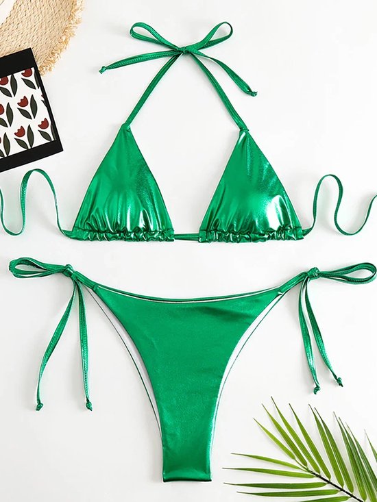 Bikini-Groen-Metallic-Sexy-Halter-Triangel-Opwindend-Dames-Erotisch