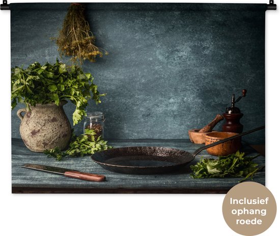 Tapisserie Herbes et Épices - Table rustique dans la cuisine Tapisserie murale coton 90x67 cm - Tapisserie murale avec photo