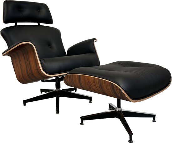 Lounge Chair XL met Extra hoge rugleuning + Hocker - Zwart - Italiaans Leder - Palissander - Premium - Meubi - Fauteuil - Set