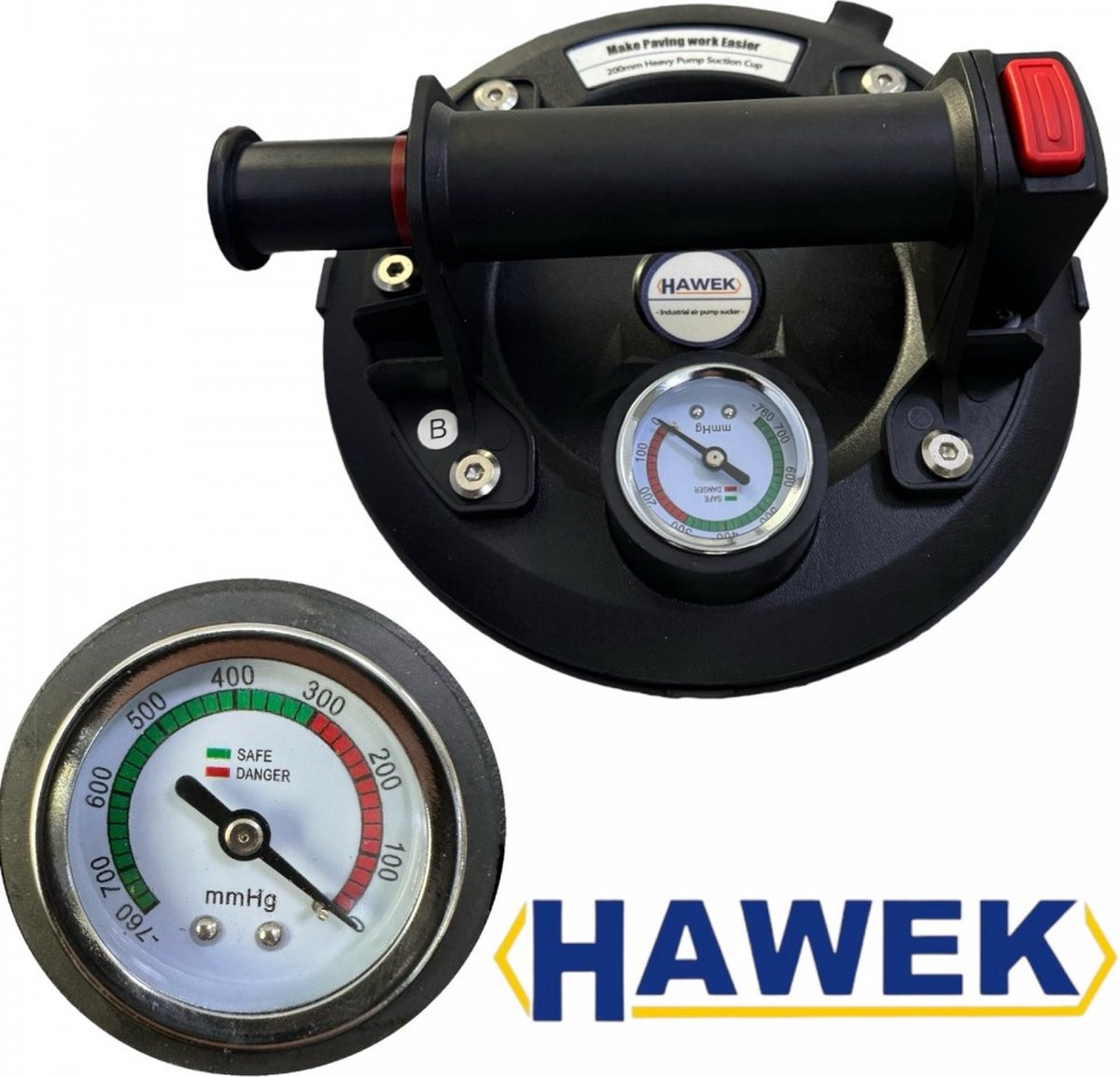 Hawek Professionele Glas- en Tegel Vacuumzuiger - Zuignap met Drukmeter, Max. 120kg Draagkracht, Ø200mm + Gratis Double Rubber Pad
