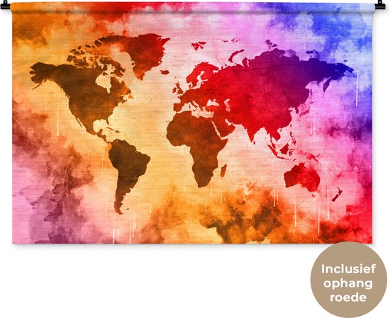 Wandkleed WereldkaartenKerst illustraties - Wereldkaart met warme kleuren verf en structuurpatroon op de achtergrond Wandkleed katoen 150x100 cm - Wandtapijt met foto