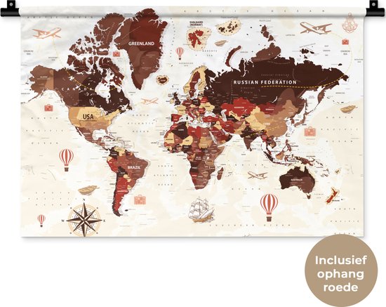 Wandkleed WereldkaartenKerst illustraties - Wereldkaart met namen van landen en verschillende illustraties in donkerrode en bruine kleuren Wandkleed katoen 60x40 cm - Wandtapijt met foto