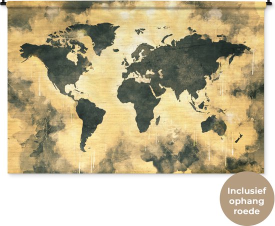 Wandkleed WereldkaartenKerst illustraties - Wereldkaart met donkergrijze en zandkleurige verf op een achtergrond met structuurpatroon Wandkleed katoen 180x120 cm - Wandtapijt met foto