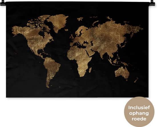 Wandkleed WereldkaartenKerst illustraties - Goudkleurige wereldkaart versierd met structuurpatroon op een zwarte achtergrond Wandkleed katoen 90x60 cm - Wandtapijt met foto