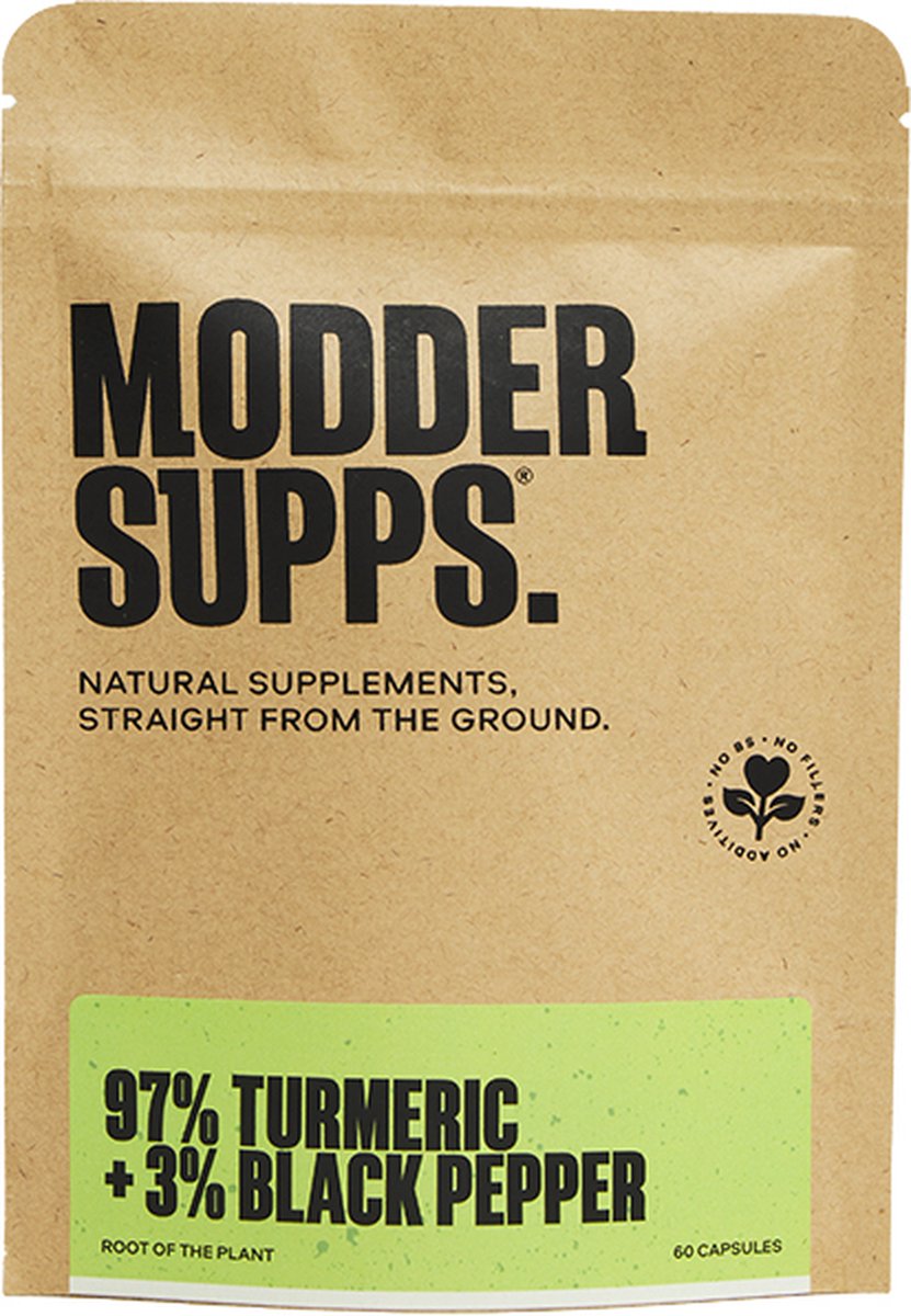Goedkoopste Modder Supps - 97 Turmeric - Kurkuma met zwarte peper - Natuurlijk Supplement - Biologisch full spectrum hoogwaardig