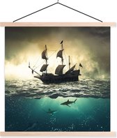 Porte-affiche avec affiche - Affiche scolaire - Mer - Bateau - Requin - 60x60 cm - Lattes vierges