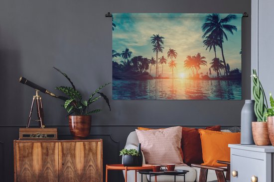 Wandkleed - Wanddoek - Zee - Zonsondergang - Palmboom - Wolken - 120x80 cm - Wandtapijt