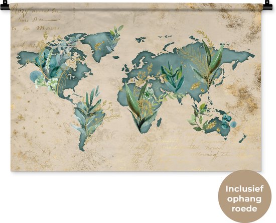 Wandkleed WereldkaartenKerst illustraties - Wereldkaart van blauwe waterverf met tropische bladeren Wandkleed katoen 90x60 cm - Wandtapijt met foto