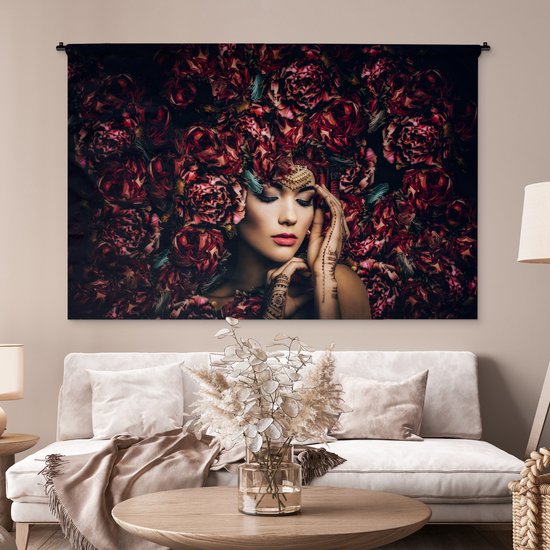 Wandkleed - Wanddoek - Vrouw - Bloemen - Henna - Portret - 180x120 cm - Wandtapijt