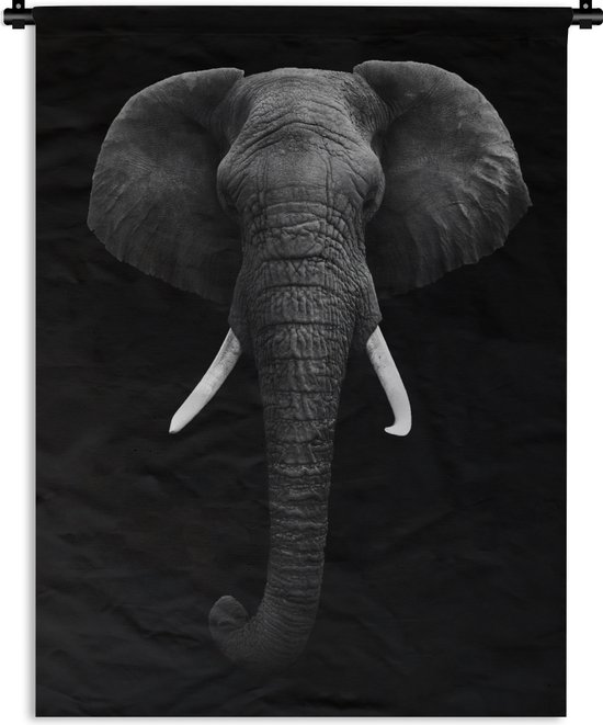 Wandkleed - Wanddoek - Olifant - Wilde dieren - Zwart - Wit - Portret - 60x80 cm - Wandtapijt