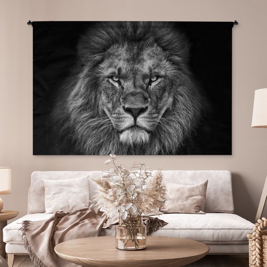 Tapisserie - Lion - Animaux - Portrait - Zwart et blanc - Tapisserie - Katoen - Décoration salon - Tapisserie - Tapisseries pour intérieur - 180x120 cm - Tapisserie - Décoration murale murale - Décoration murale murale - Tapisseries - Tapisserie